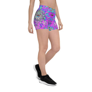 Spandex Shorts for Women, Trippy Abstract Aqua, Lime Green and Purple Dahlia