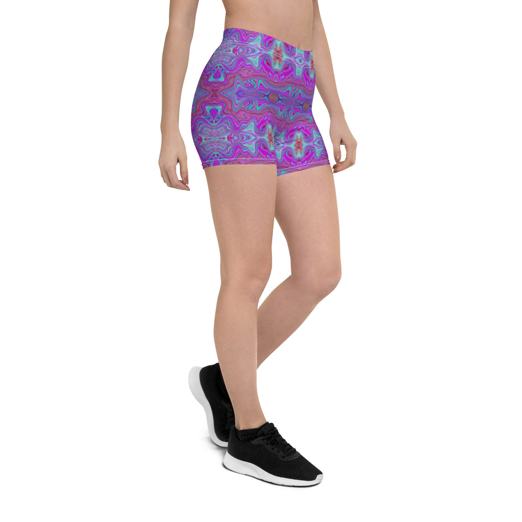 Spandex Shorts, Wavy Magenta and Blue Trippy Marbled Pattern