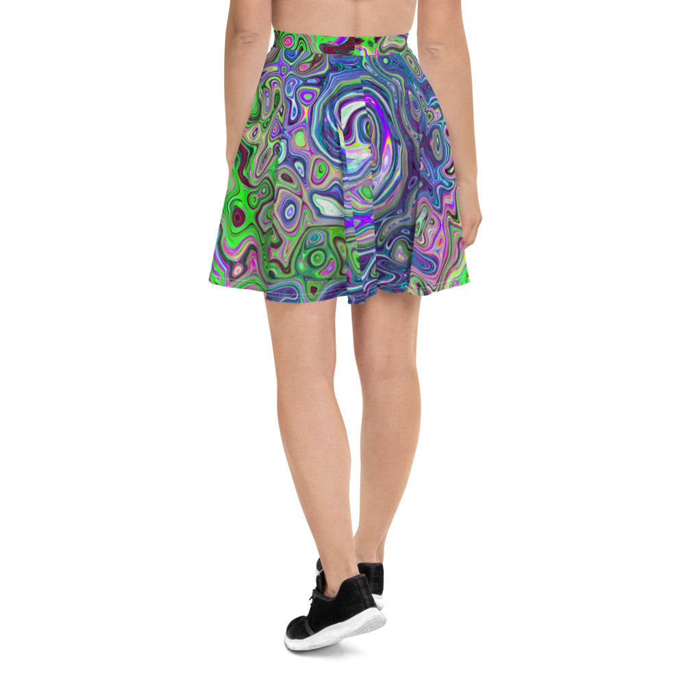 Skater Skirts for Women, Marbled Lime Green and Purple Abstract Retro Swirl