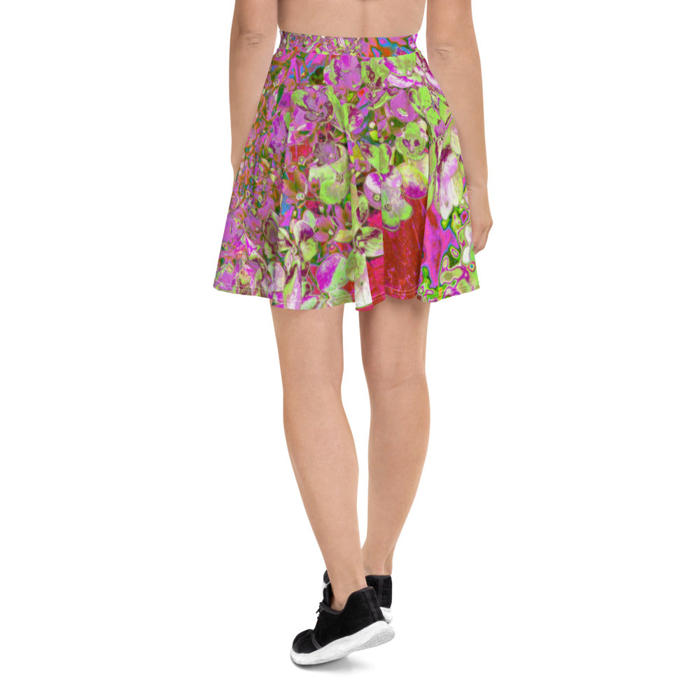 Skater Skirts for Women, Elegant Chartreuse Green, Pink and Blue Hydrangea