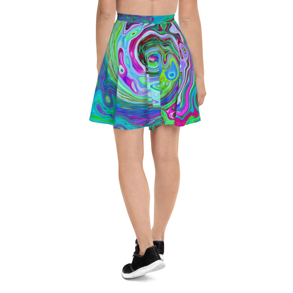 Skater Skirts for Women, Retro Green, Red and Magenta Abstract Groovy Swirl