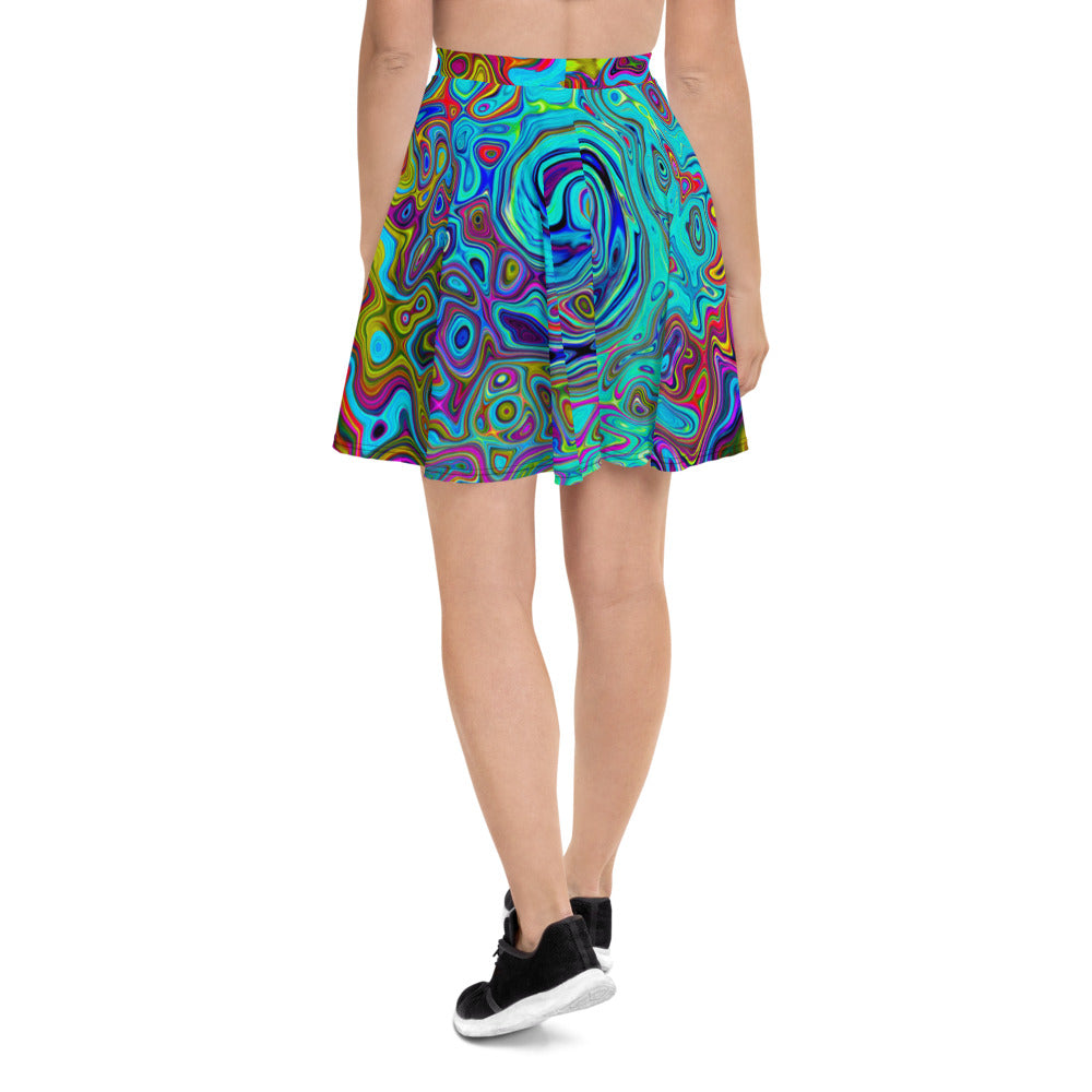 Skater Skirts for Women, Trippy Sky Blue Abstract Retro Liquid Swirl