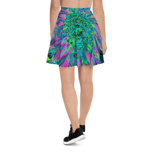 Skater Skirts for Women, Psychedelic Magenta, Aqua and Lime Green Dahlia