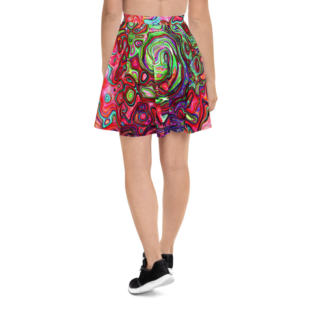 Skater Skirts for Women, Watercolor Red Groovy Abstract Retro Liquid Swirl