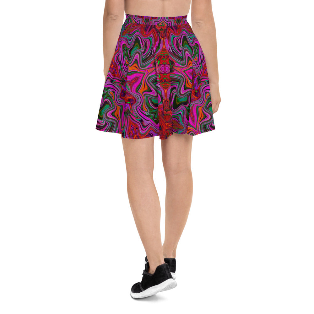 Skater Skirts for Women, Cool Trippy Magenta, Red and Green Wavy Pattern