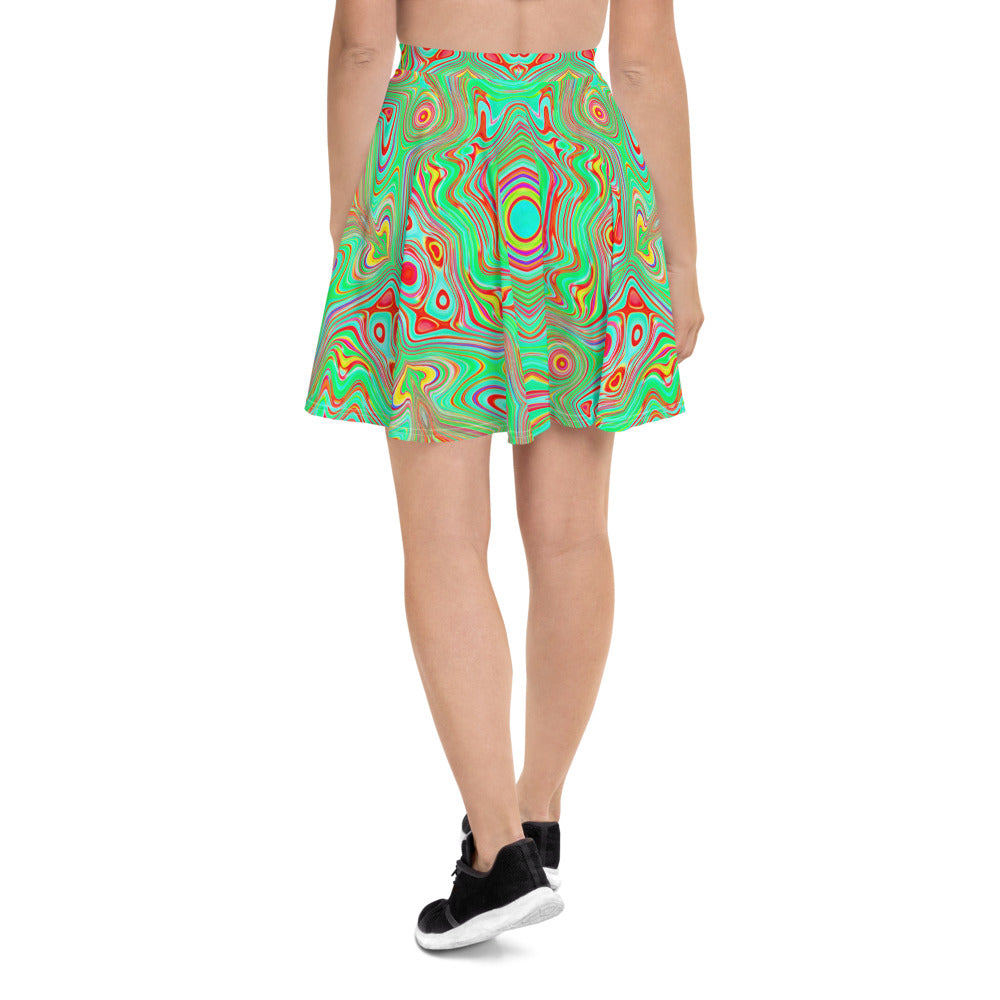 Skater Skirts for Women, Trippy Retro Orange and Lime Green Abstract Pattern