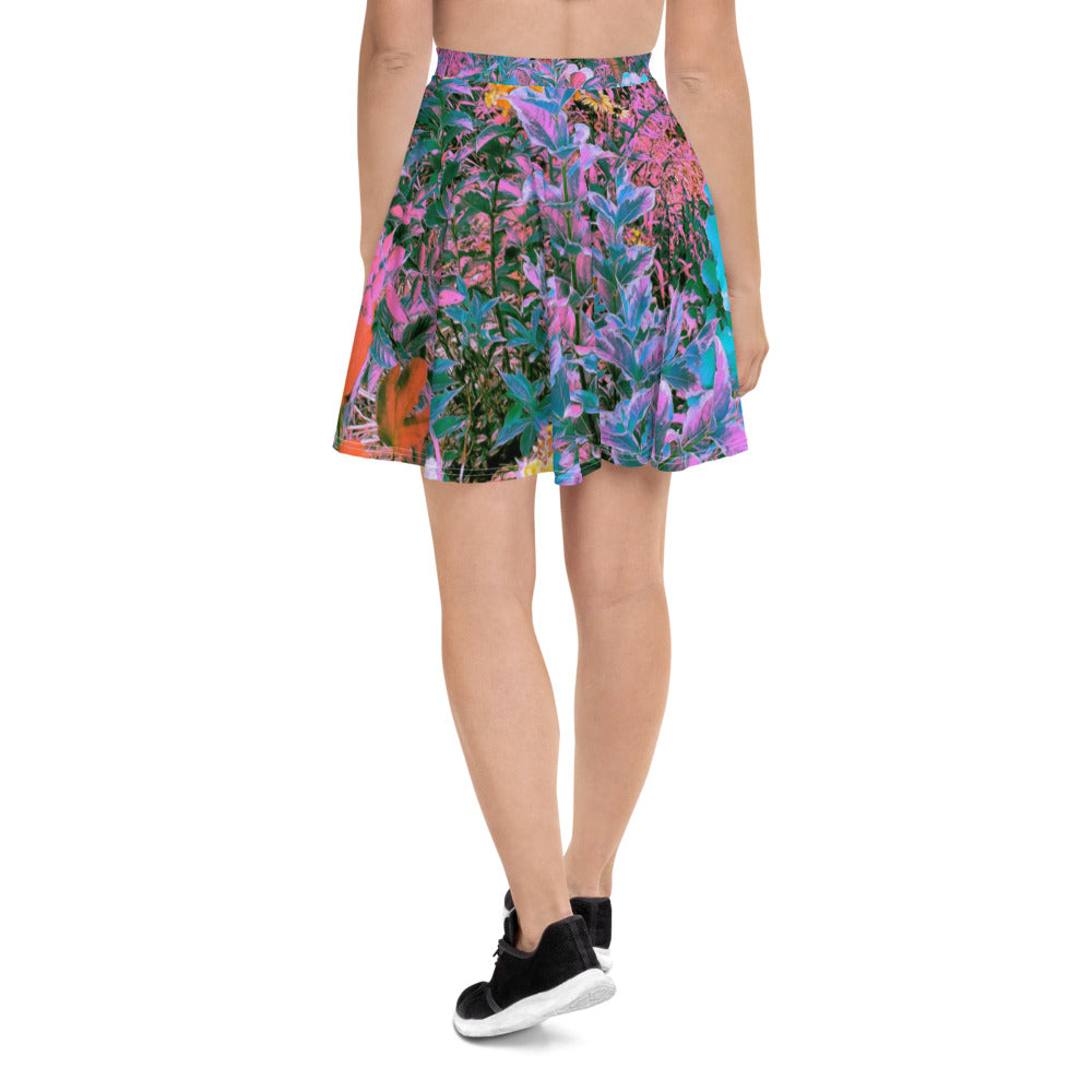 Skater Skirts for Women, Abstract Coral, Pink, Green and Aqua Garden Foliage