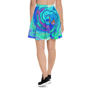 Skater Skirts for Women, Groovy Abstract Ocean Blue and Green Liquid Swirl