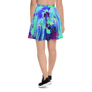 Skater Skirts for Women, Psychedelic Retro Green and Blue Hibiscus Flower