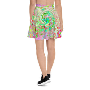 Skater Skirts for Women, Groovy Abstract Retro Pastel Green Liquid Swirl