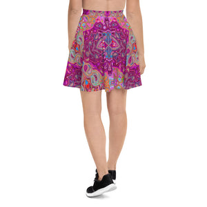 Skater Skirts for Women, Abstract Magenta, Pink, Blue and Red Groovy Pattern