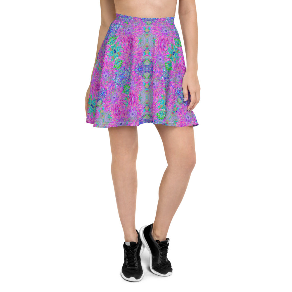 Skater Skirts for Women, Abstract Dahlia Bloom Pattern in Purple and Pink