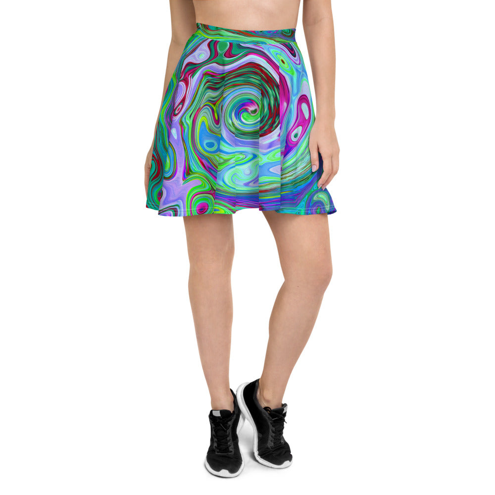 Skater Skirts for Women, Retro Green, Red and Magenta Abstract Groovy Swirl