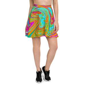 Skater Skirts for Women, Blue, Orange and Hot Pink Groovy Abstract Retro Art