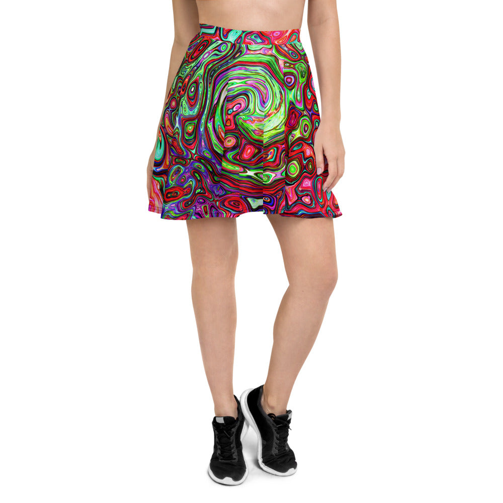 Skater Skirts for Women, Watercolor Red Groovy Abstract Retro Liquid Swirl