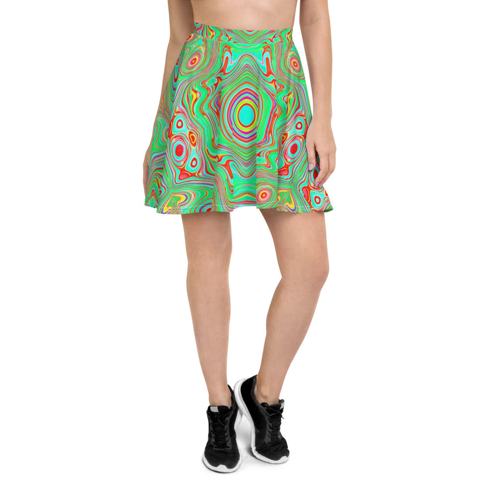 Skater Skirts for Women, Trippy Retro Orange and Lime Green Abstract Pattern