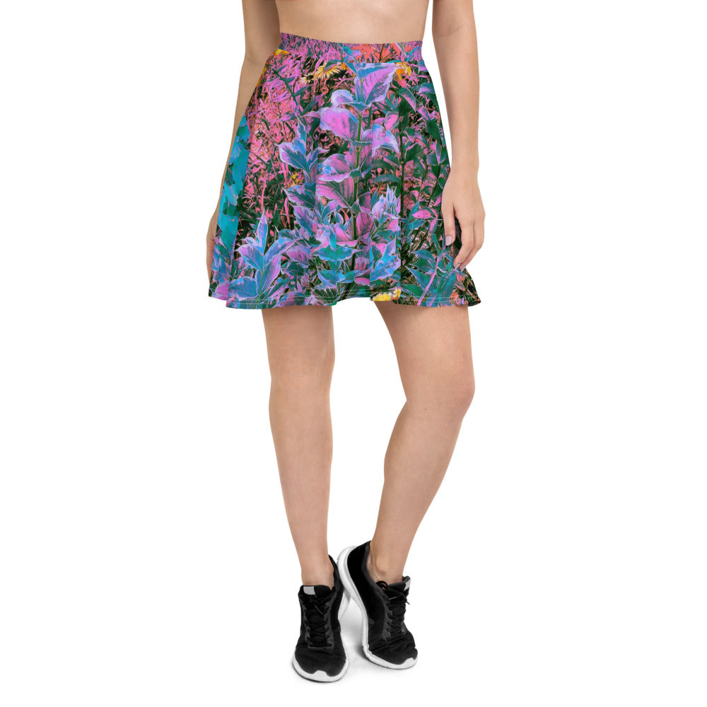 Skater Skirts for Women, Abstract Coral, Pink, Green and Aqua Garden Foliage