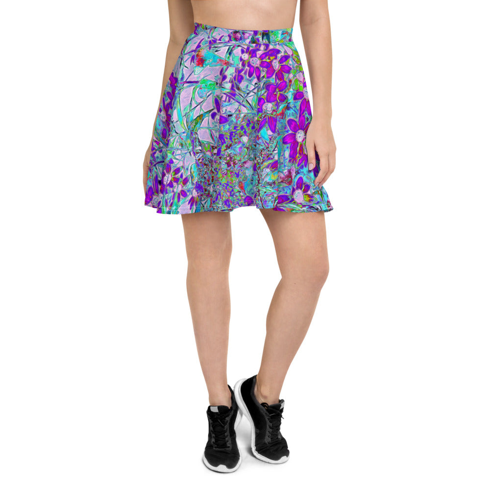 Skater Skirts for Women, Aqua Garden with Violet Blue and Hot Pink Flowers
