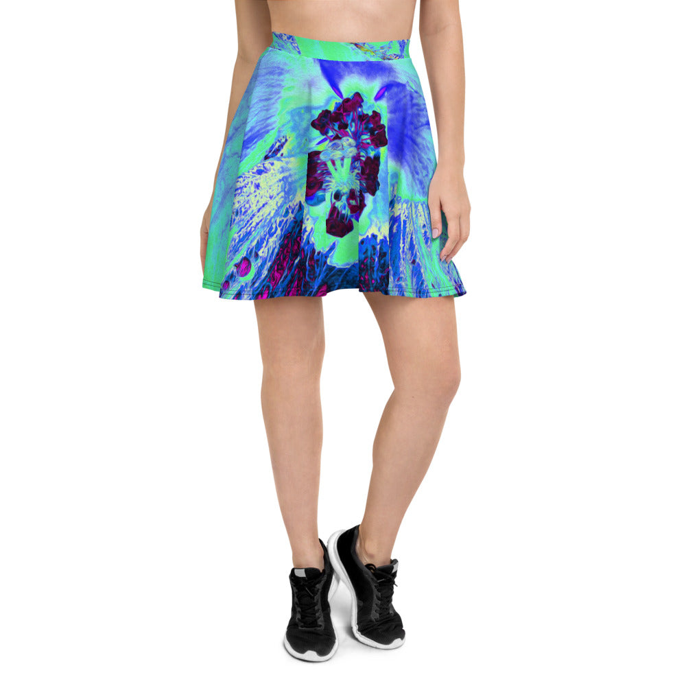 Skater Skirts for Women, Psychedelic Retro Green and Blue Hibiscus Flower