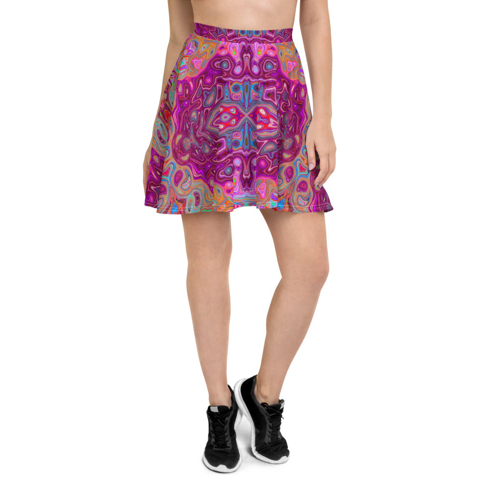 Skater Skirts for Women, Abstract Magenta, Pink, Blue and Red Groovy Pattern