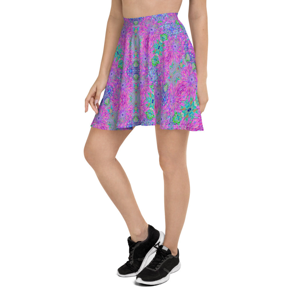 Skater Skirts for Women, Abstract Dahlia Bloom Pattern in Purple and Pink