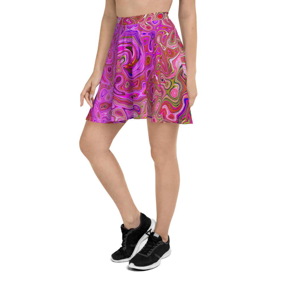 Skater Skirts for Women, Hot Pink Marbled Colors Abstract Retro Swirl