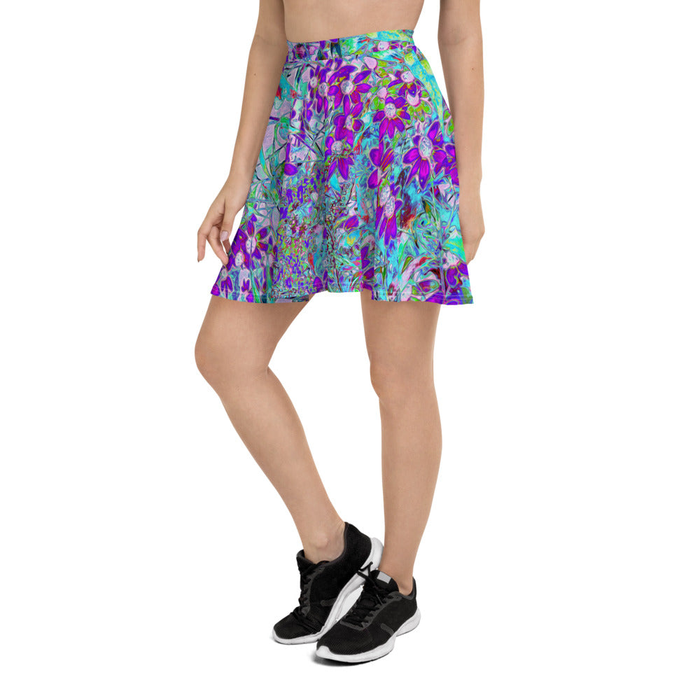 Skater Skirts for Women, Aqua Garden with Violet Blue and Hot Pink Flowers