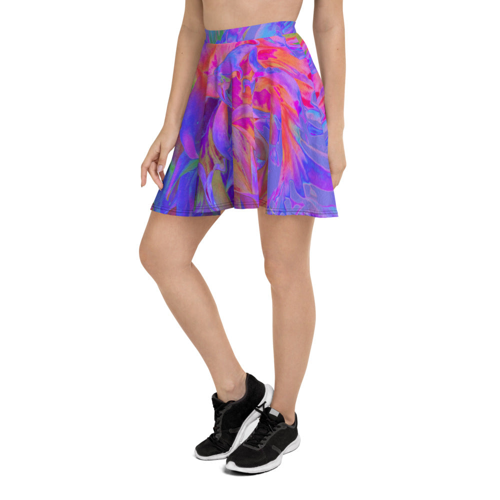 Skater Skirts for Women, Elegant Psychedelic Decorative Dahlia Flower