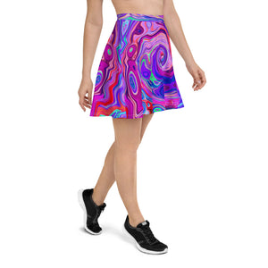 Skater Skirts for Women, Retro Purple and Orange Abstract Groovy Swirl