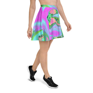 Skater Skirts for Women, Retro Pink and Light Blue Liquid Art on Hydrangea