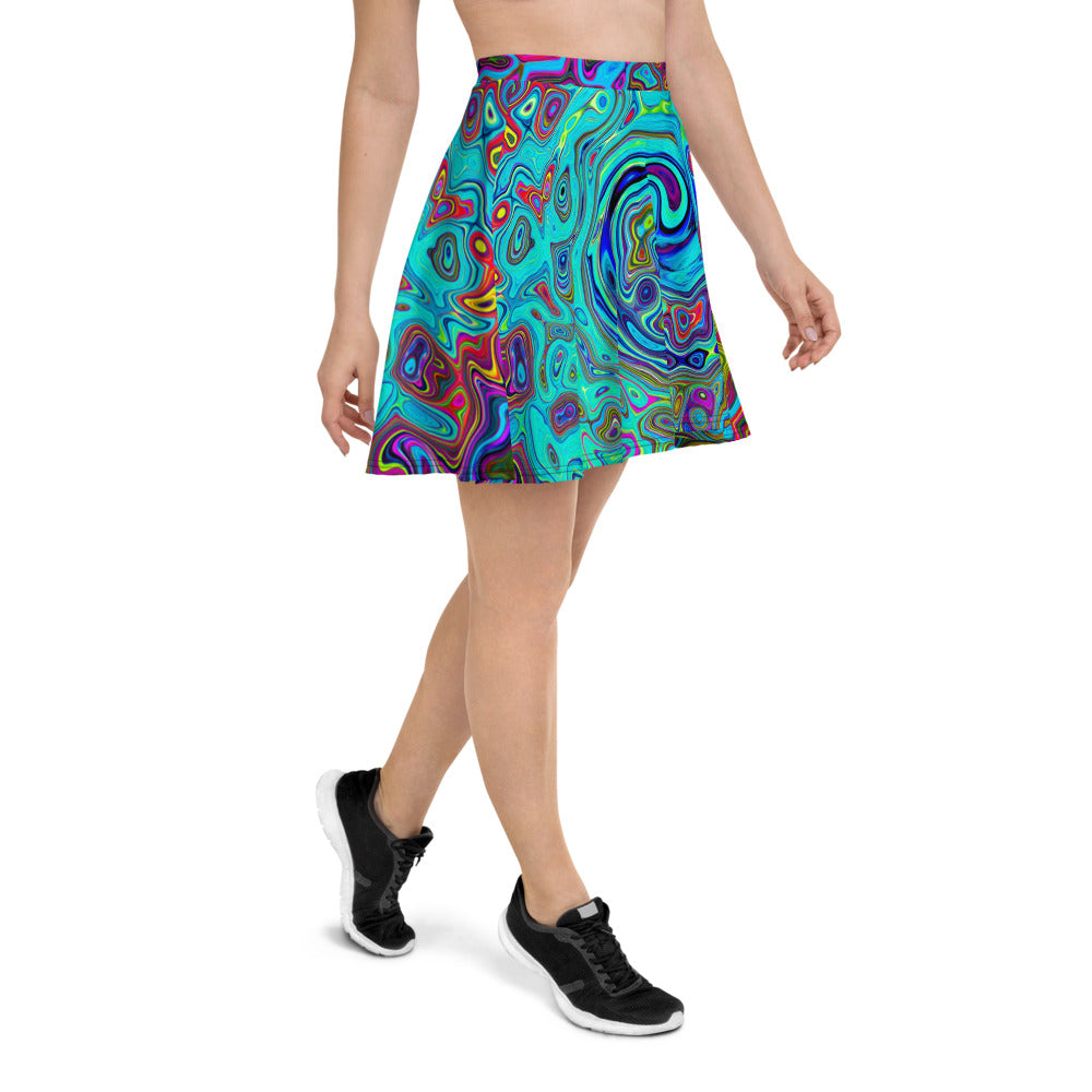 Skater Skirts for Women, Trippy Sky Blue Abstract Retro Liquid Swirl