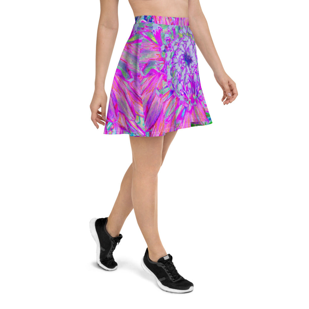 Skater Skirts for Women, Cool Pink Blue and Purple Artsy Dahlia Bloom