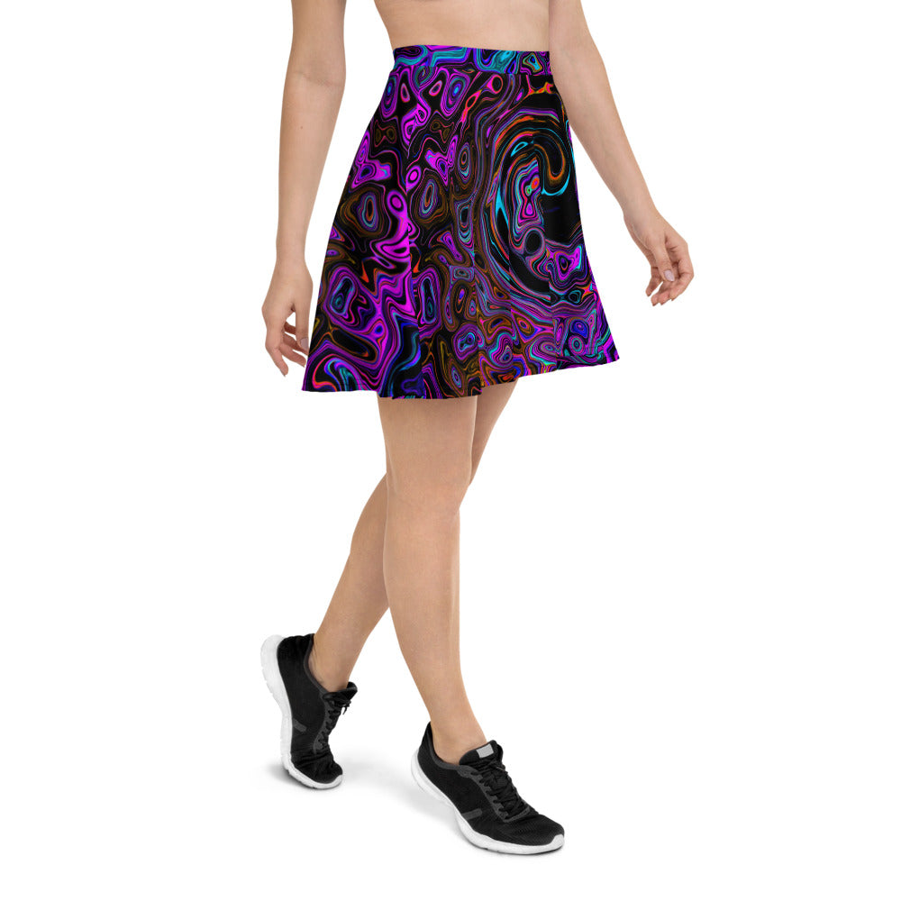 Skater Skirts for Women, Trippy Black and Magenta Retro Liquid Swirl