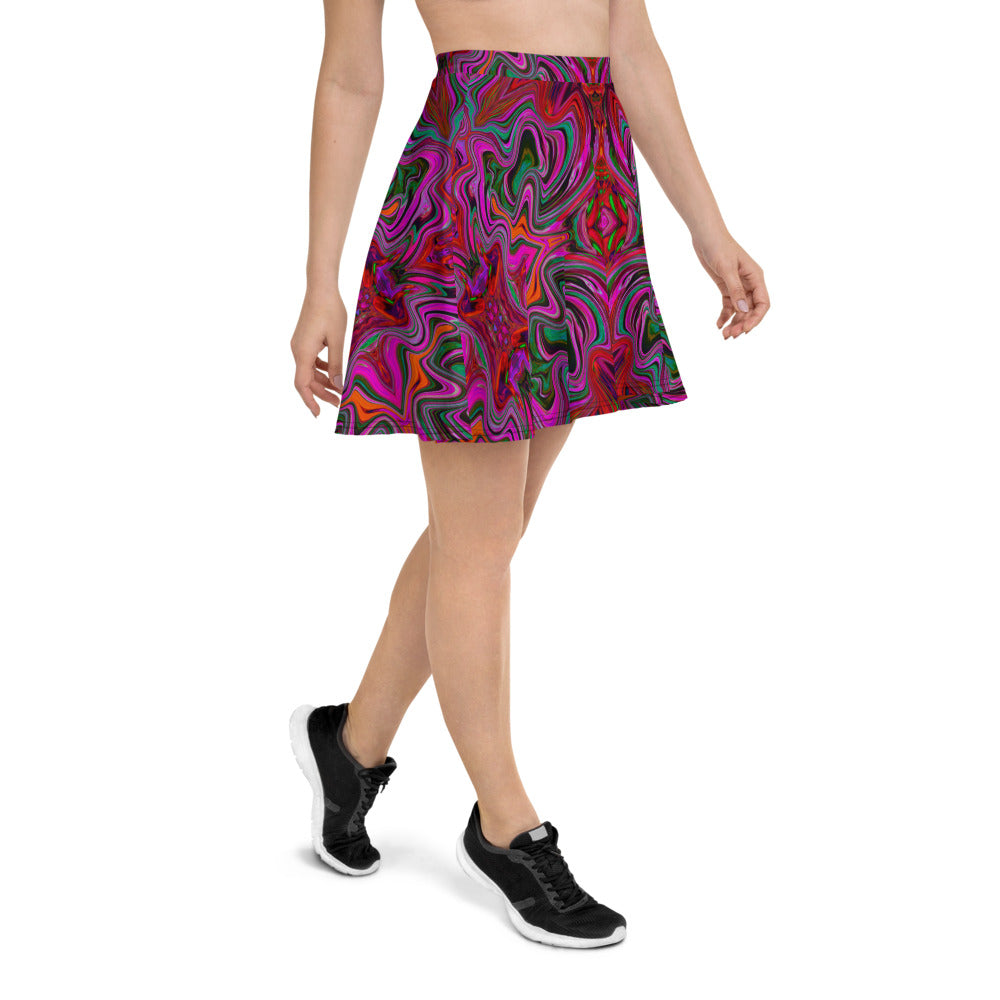 Skater Skirts for Women, Cool Trippy Magenta, Red and Green Wavy Pattern