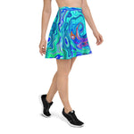 Skater Skirts for Women, Groovy Abstract Ocean Blue and Green Liquid Swirl