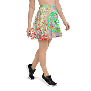 Skater Skirts for Women, Groovy Abstract Retro Pastel Green Liquid Swirl