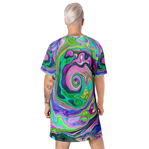 T Shirt Dresses, Groovy Abstract Aqua and Navy Lava Swirl All Over Print