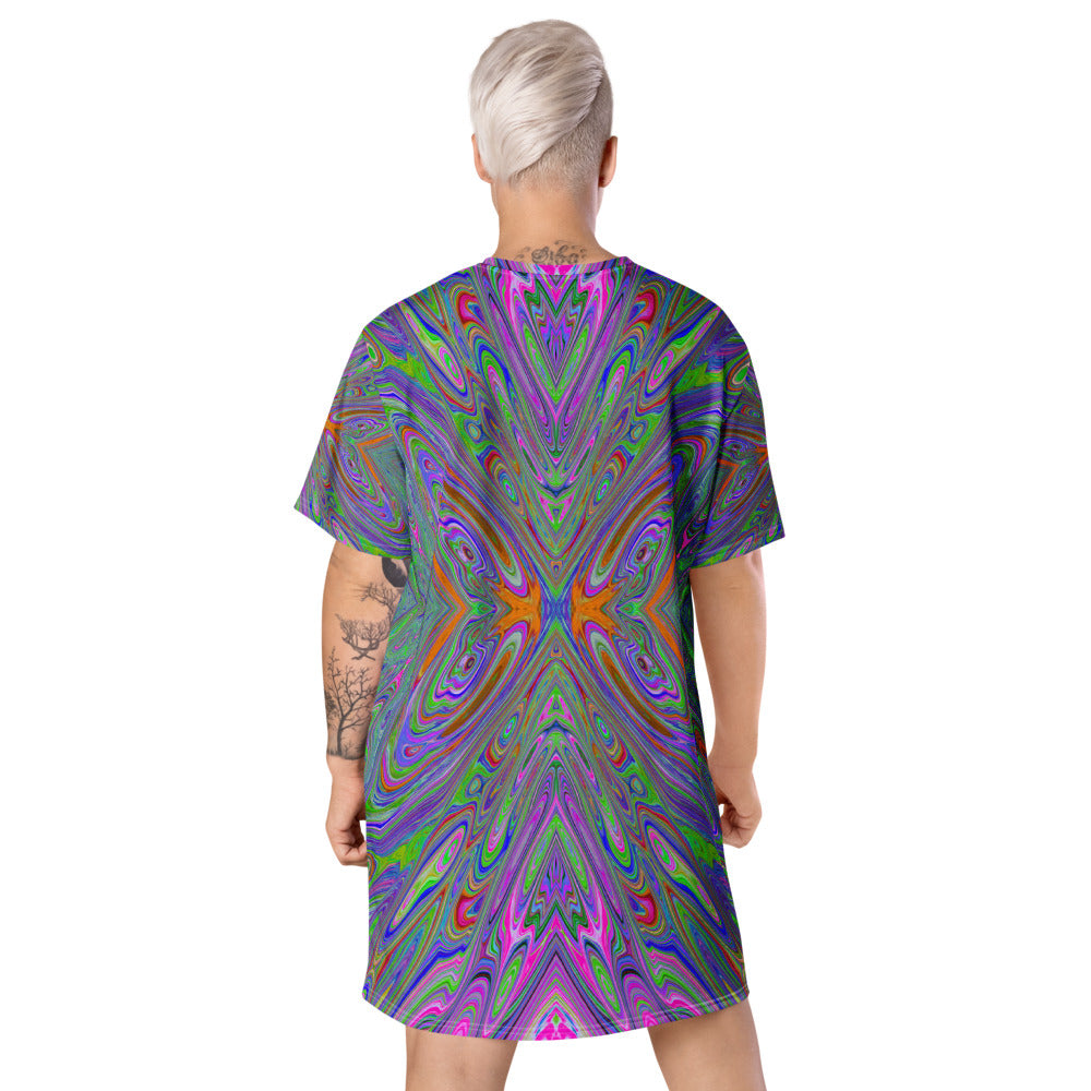 T Shirt Dresses, Abstract Trippy Purple, Orange and Lime Green Butterfly All Over Print