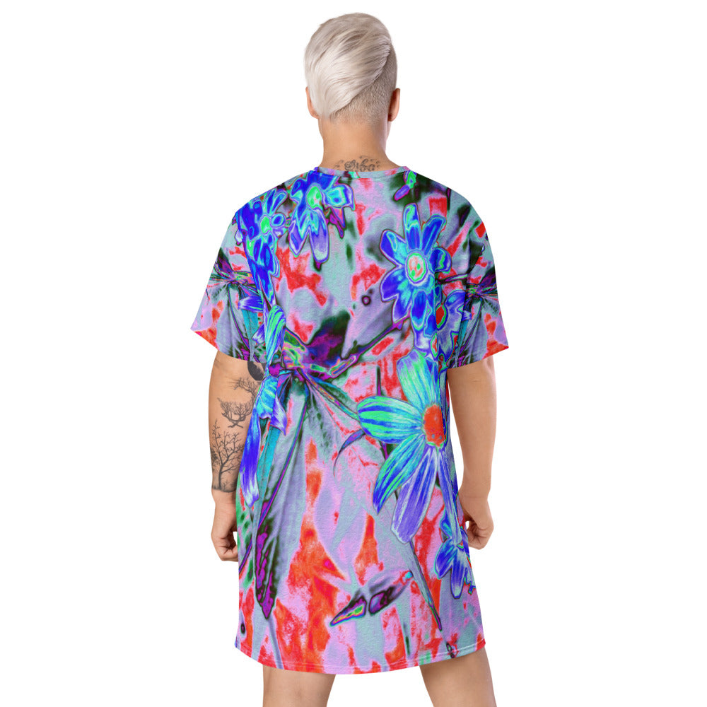 T Shirt Dresses, Retro Psychedelic Aqua and Orange Flowers All Over Print