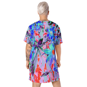 T Shirt Dresses, Retro Psychedelic Aqua and Orange Flowers All Over Print