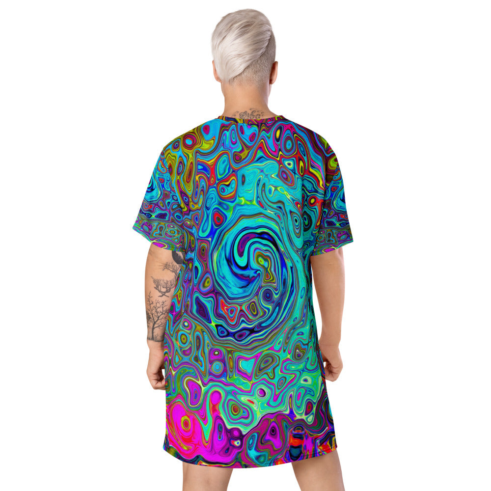 T Shirt Dresses, Trippy Sky Blue Abstract Retro Liquid Swirl All Over Print