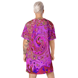 T Shirt Dress, Hot Pink Marbled Colors Abstract Retro Swirl - Plus Size