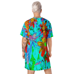 Aqua Tropical with Yellow and Orange Flowers T Shirt Dress