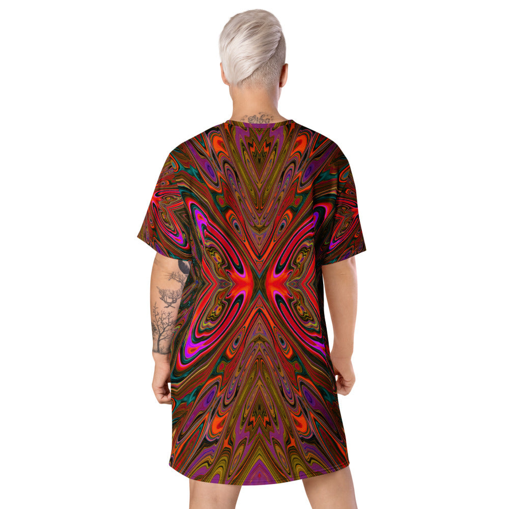 T Shirt Dress, Abstract Trippy Orange and Magenta Butterfly