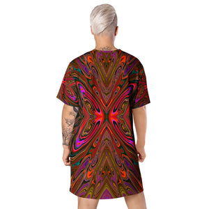 T Shirt Dress, Abstract Trippy Orange and Magenta Butterfly