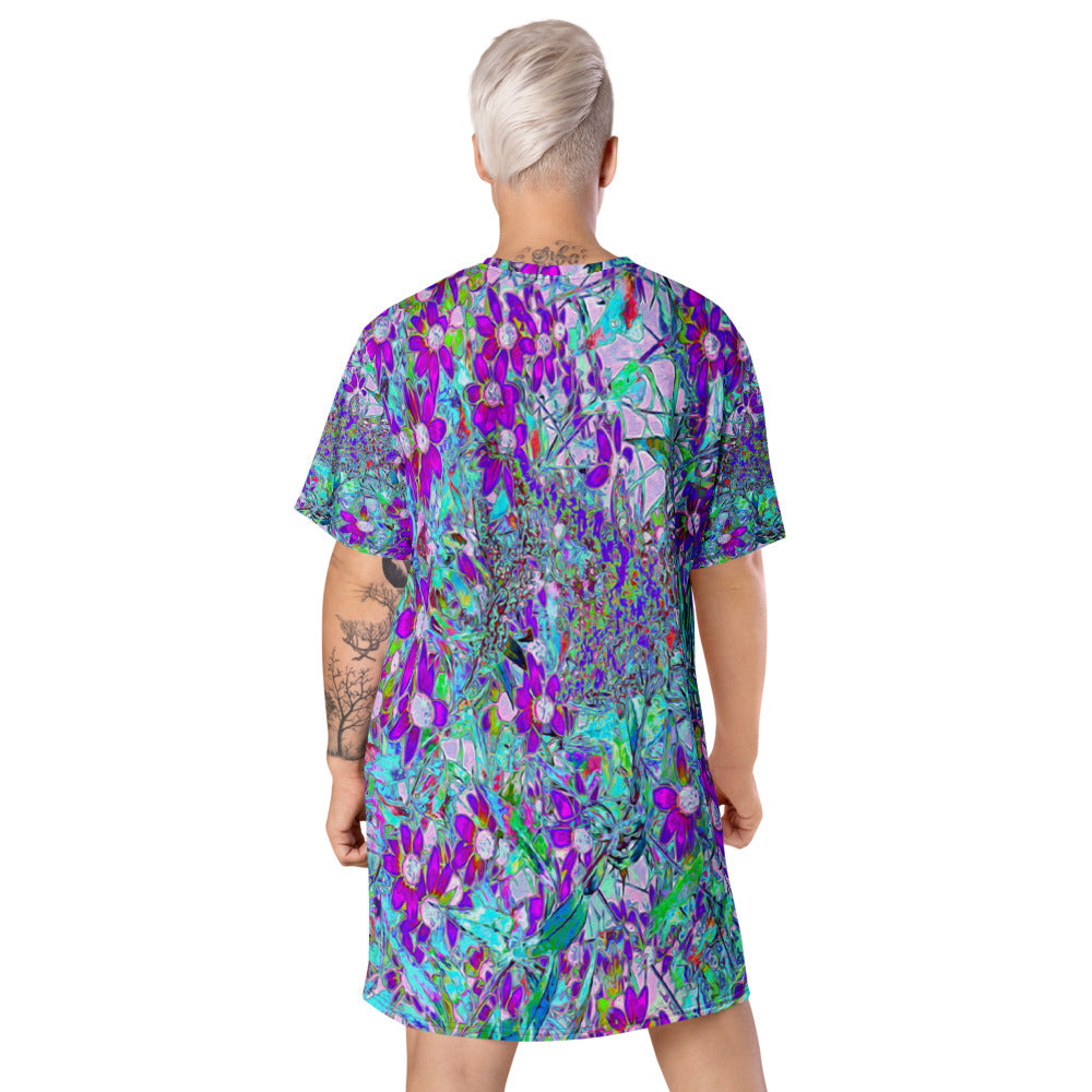 T Shirt Dress, Aqua Garden with Violet Blue and Hot Pink Flowers