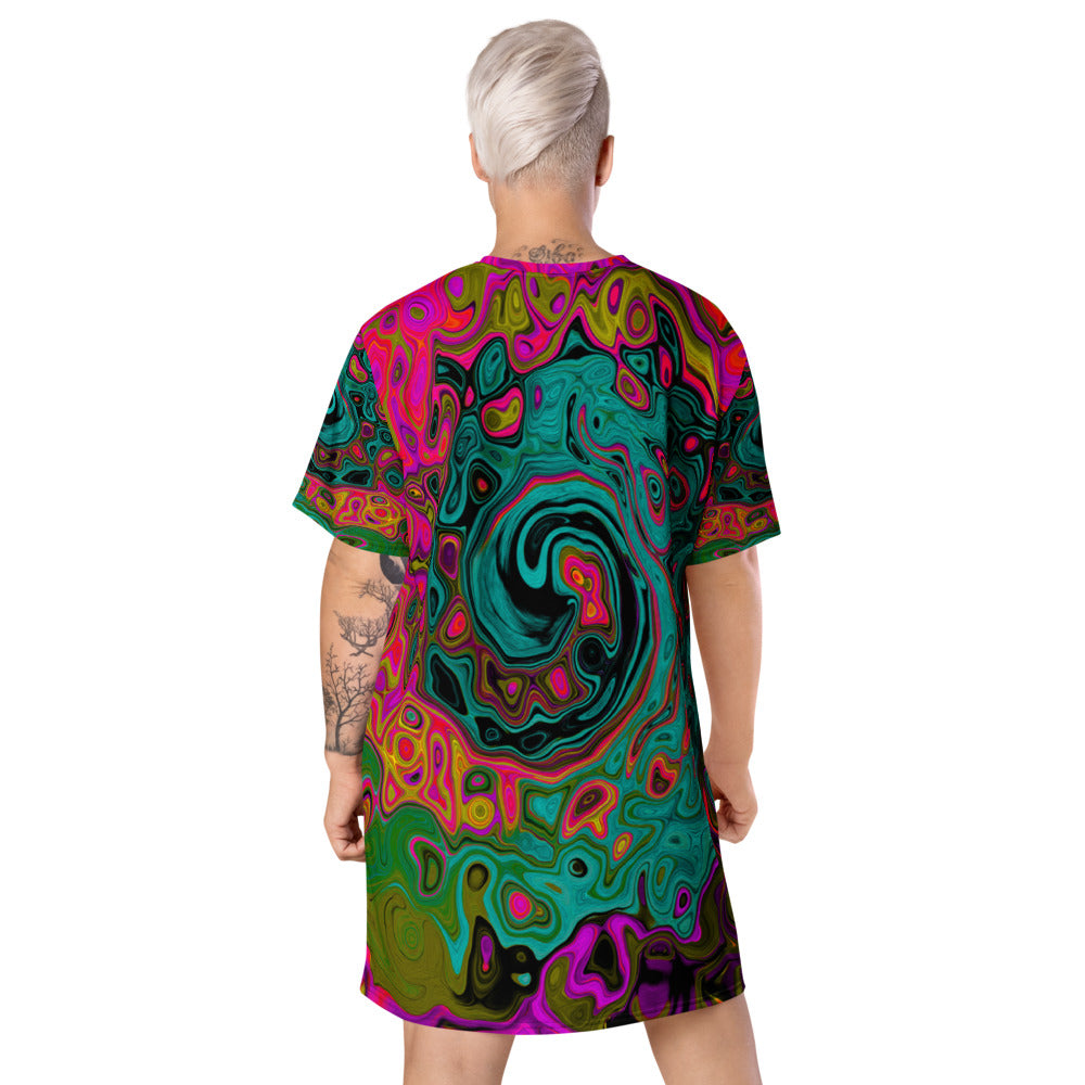 T Shirt Dress, Trippy Turquoise Abstract Retro Liquid Swirl