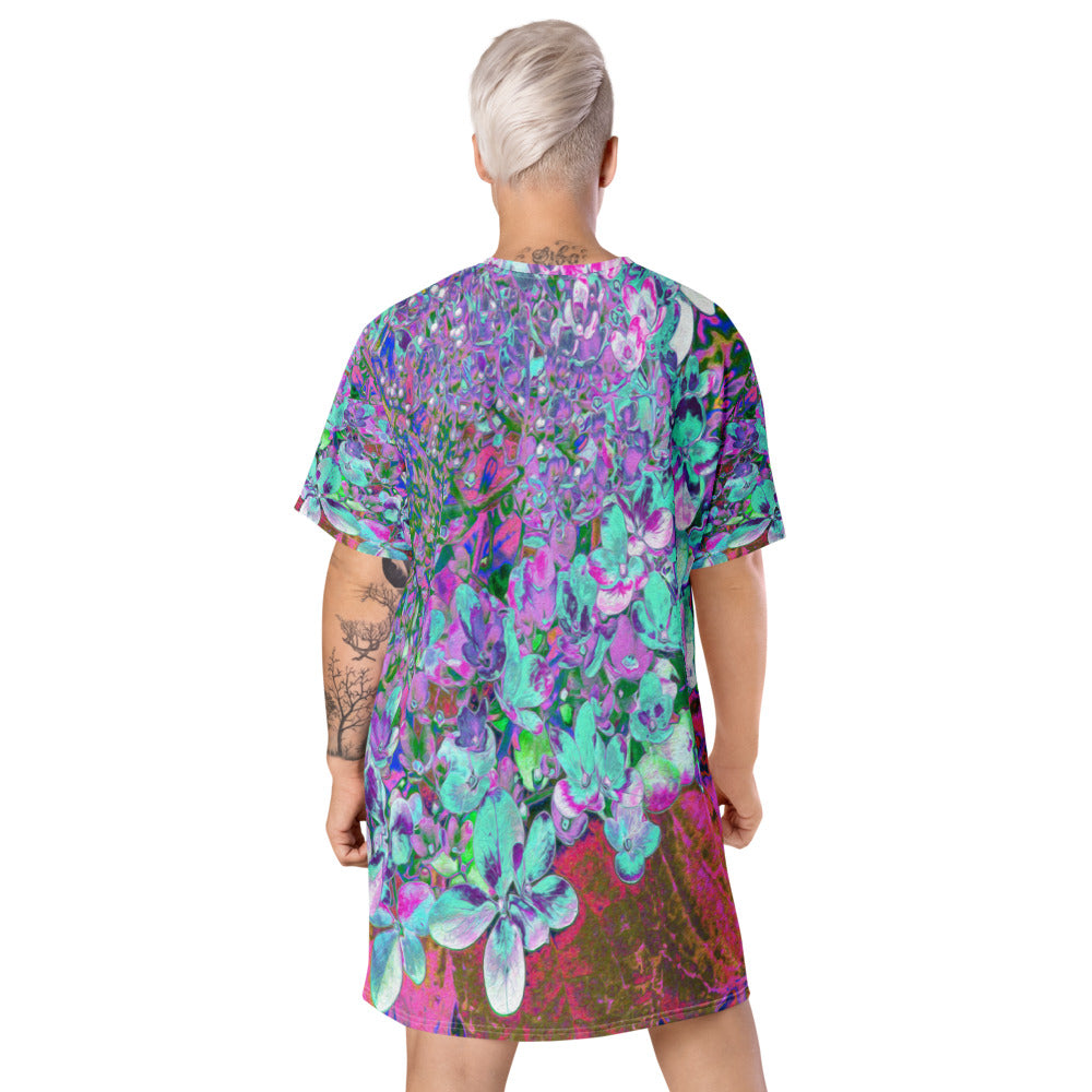 T Shirt Dress, Elegant Aqua and Purple Limelight Hydrangea Detail
