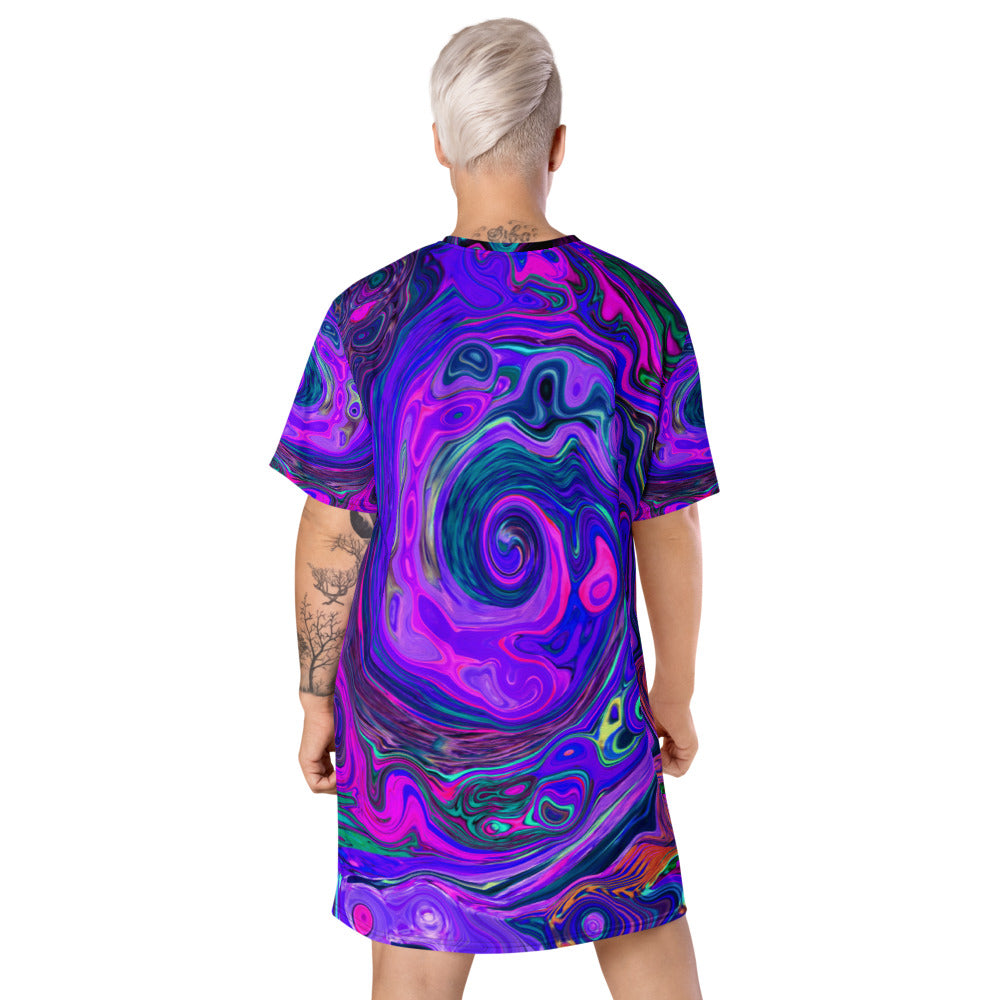 T Shirt Dress, Groovy Abstract Retro Magenta and Purple Swirl