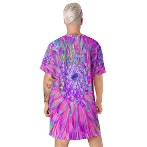 T Shirt Dress, Cool Pink Blue and Purple Artsy Dahlia Bloom